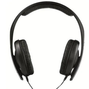 Black wired head-mounted monitor headphones with attached microphone and 3.5mm plug on white background