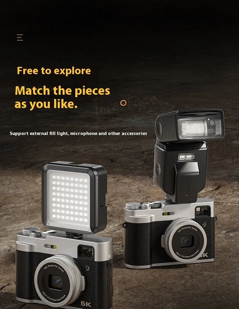 Black 5K HD digital camera with dual lenses, optical viewfinder, and 2.88-inch screen on a table