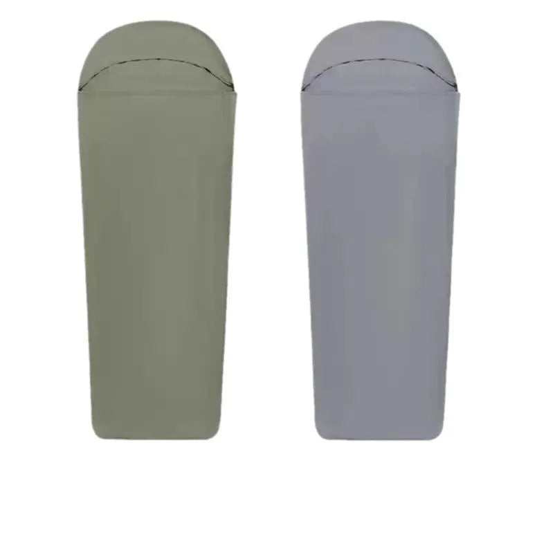 Blue and green nylon mummy-style camping sleeping bag showing packed dimensions