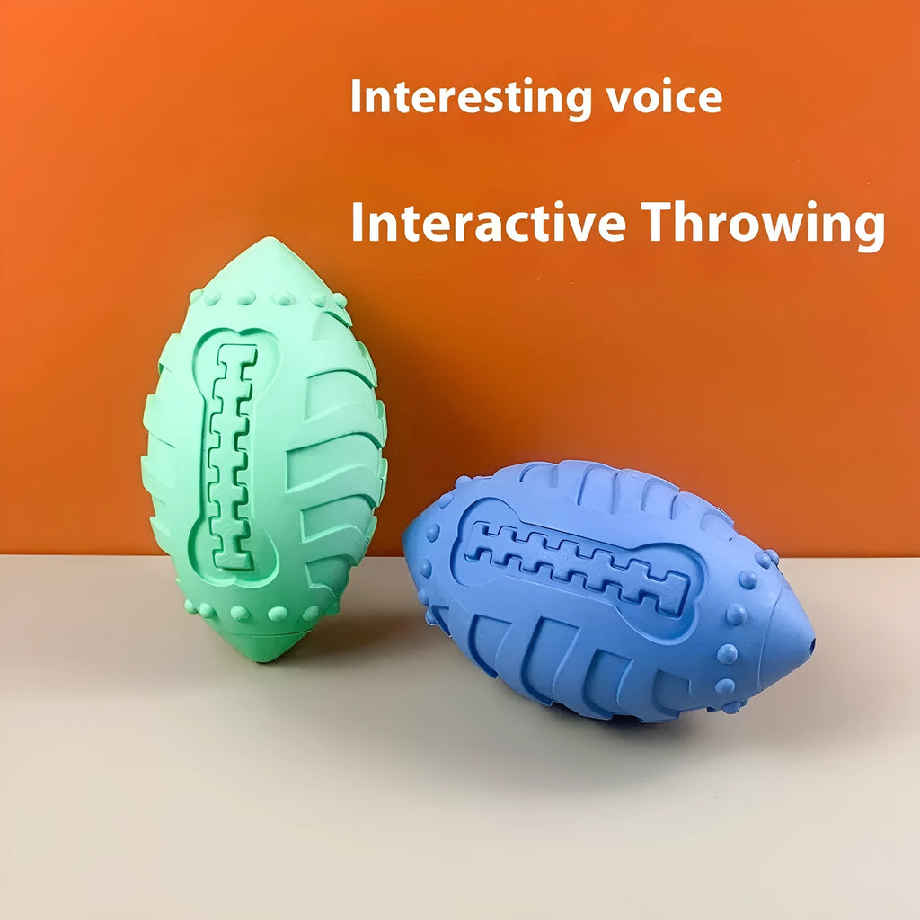 Light green bite-resistant rubber rugby ball dog toy with vocal feature for teeth cleaning and training.