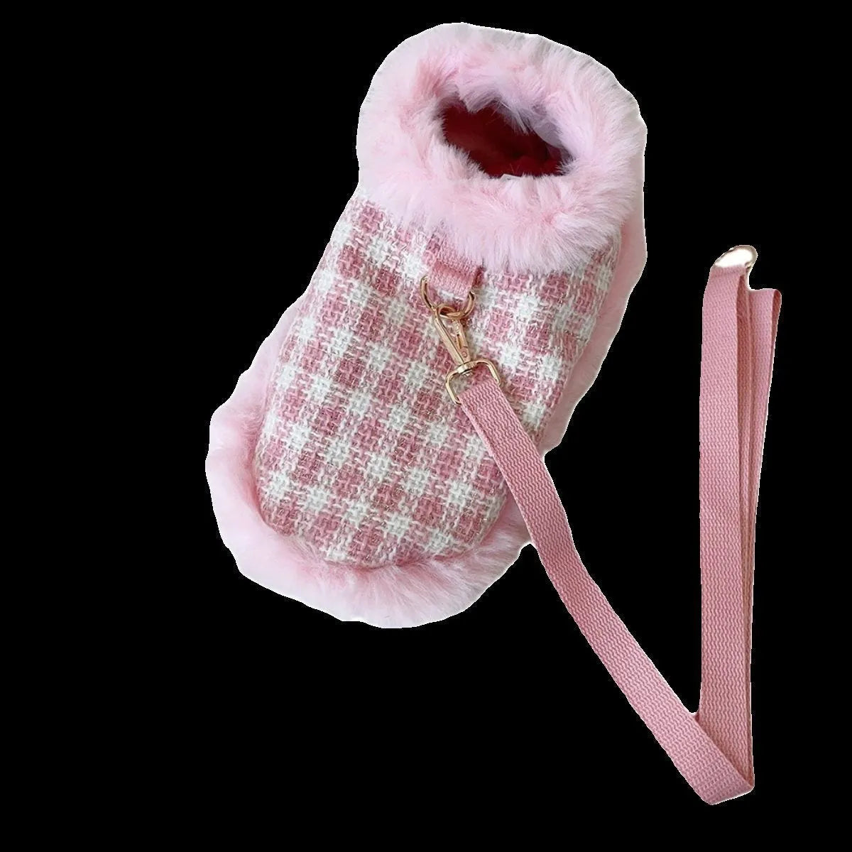 Cat wearing pink hooded cloak with matching beret and attached rope leash costume set