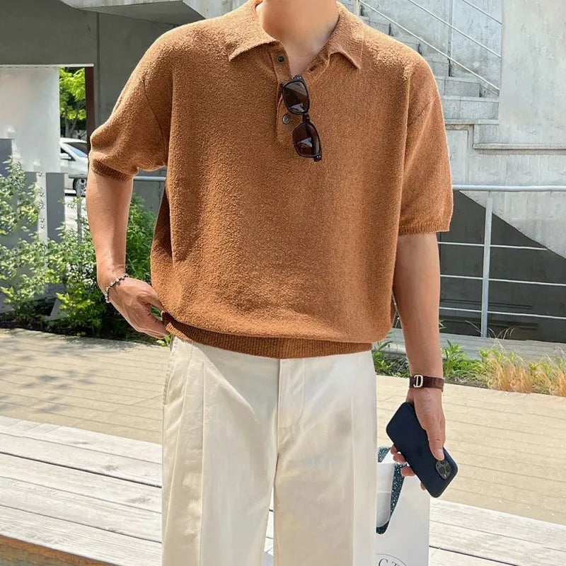 Men's caramel coloured retro knitted polo shirt with asymmetric design detail and short sleeves