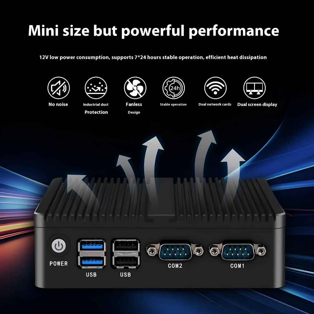 Industrial control quad-core microcomputer with compact fanless design measuring 13.6x12.7x4cm