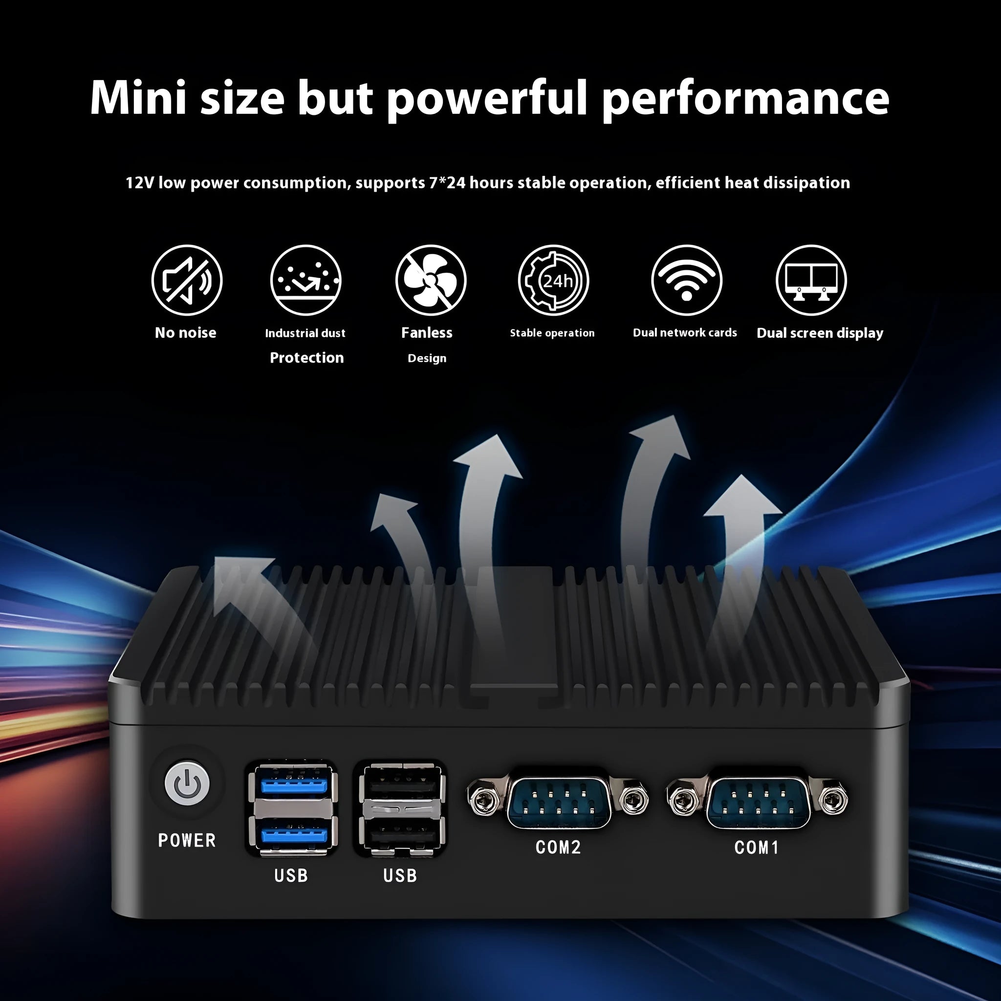 Industrial control quad-core microcomputer with compact fanless design measuring 13.6x12.7x4cm