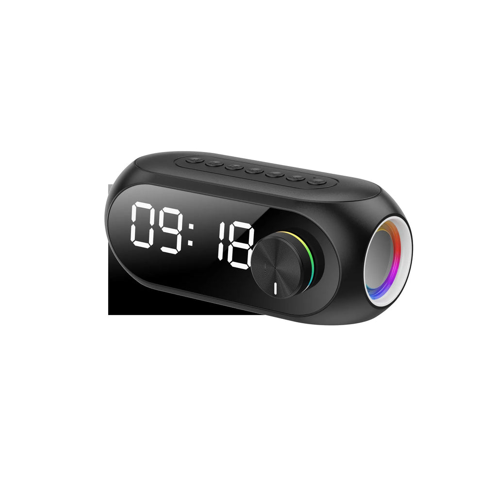 Extra Bass S8 portable mini Bluetooth speaker with digital clock display in black, blue, or white.