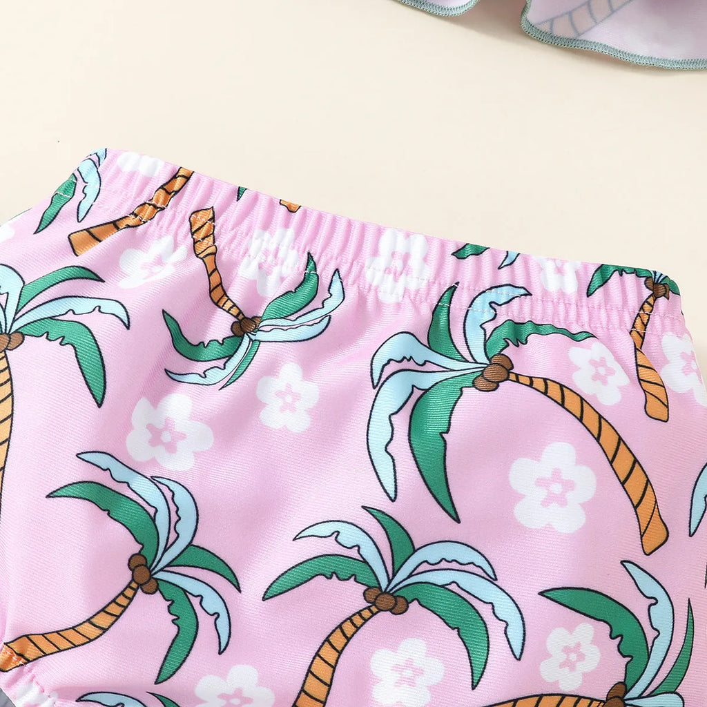 White children's two-piece swimsuit set comprising a top and shorts made from polyester.