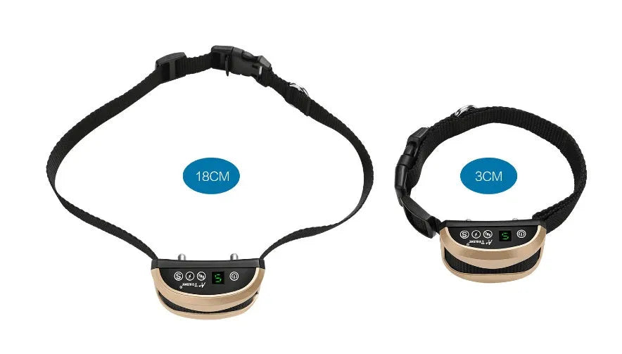 Digital anti-bark training collar with control unit displaying screen, adjustable nylon strap, and micro-USB charger