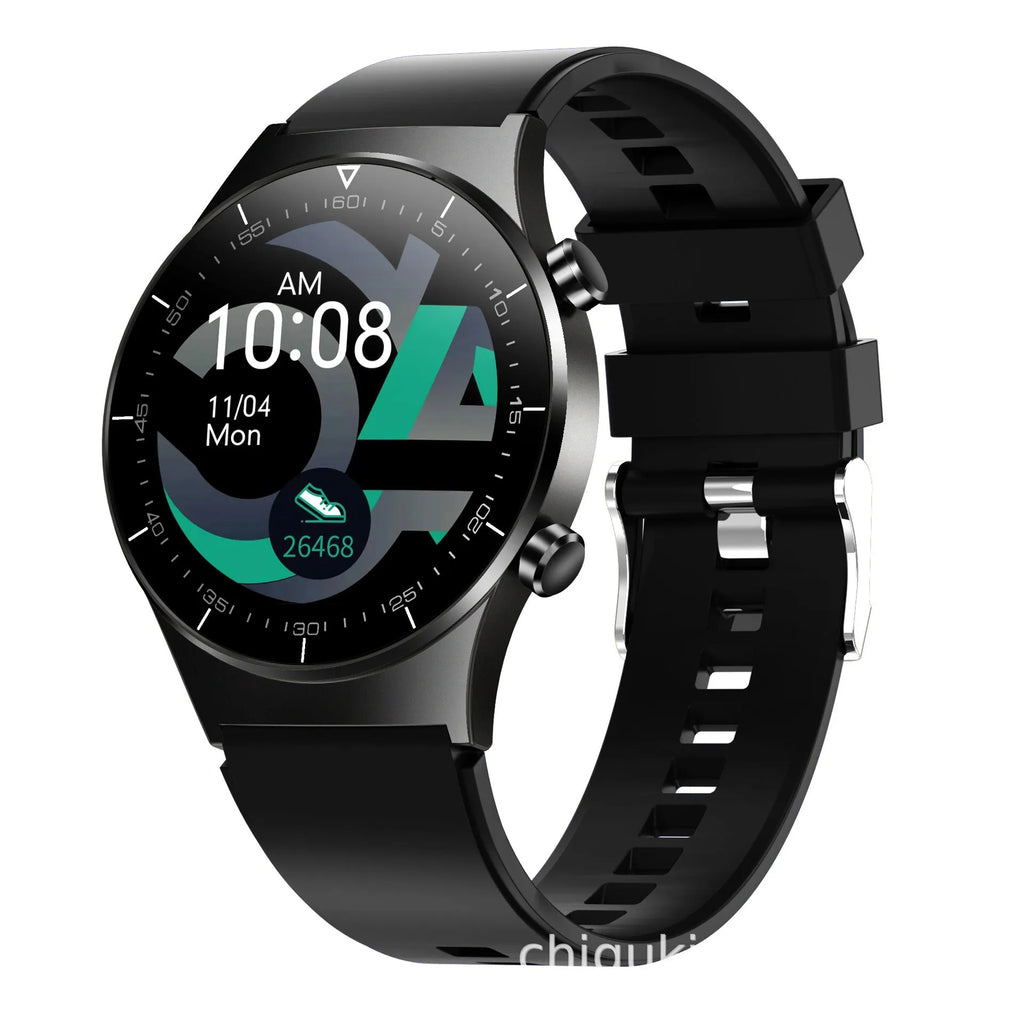 Black TPU smart watch with 1.3-inch touchscreen displaying heart rate and activity metrics