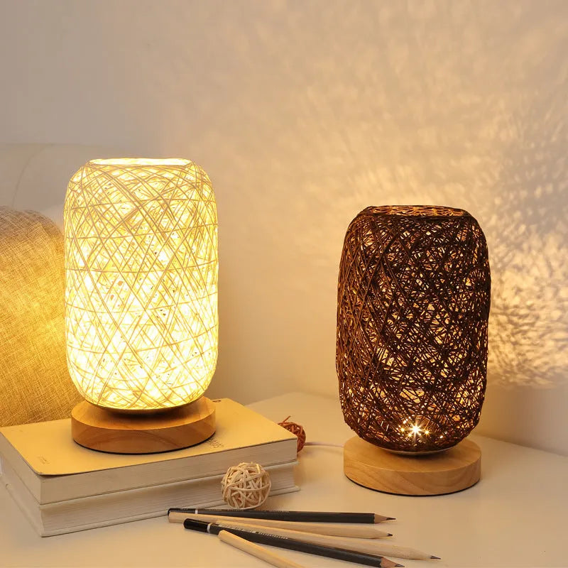 Sepak Takraw ball design desk lamp made from brown hemp rope with LED light and wooden base
