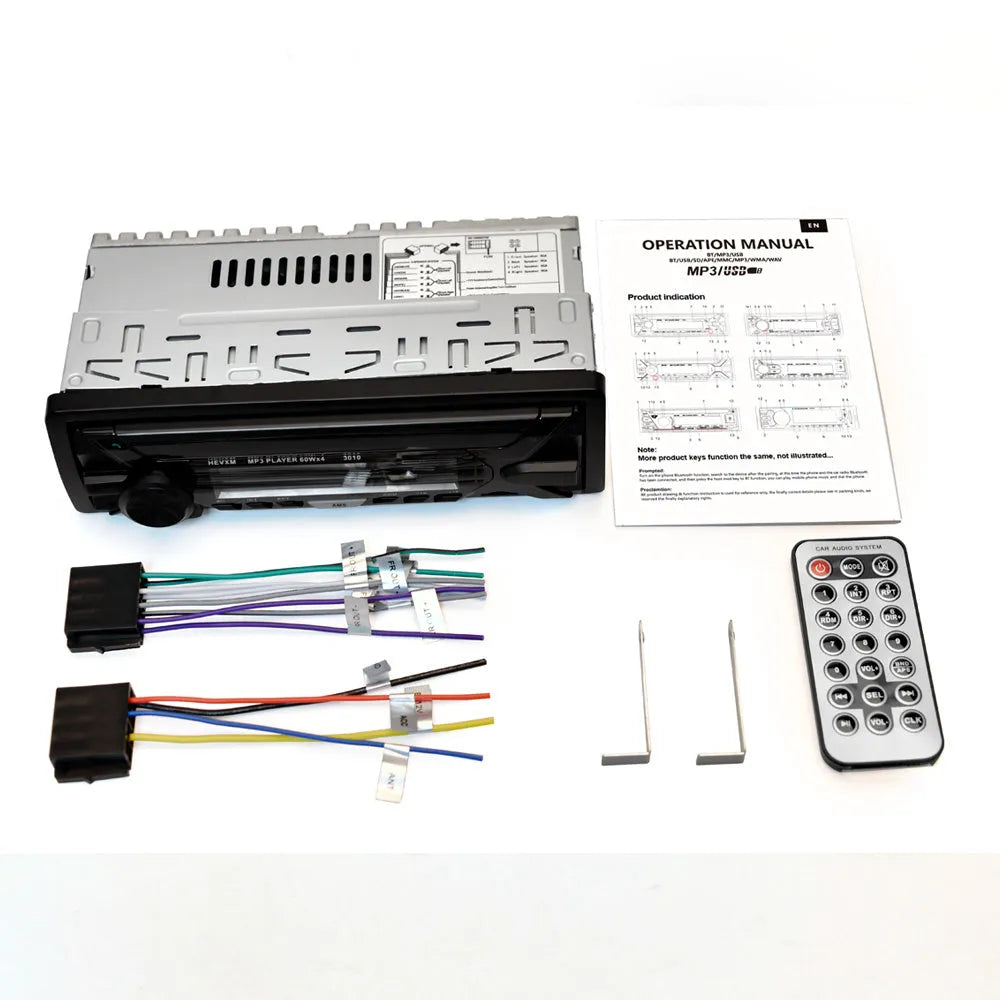 Car radio MP3 player with Bluetooth, USB slot, AUX input, and LCD display panel for 12V vehicles