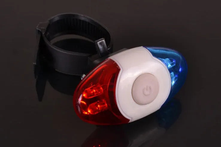 Red and blue LED bicycle tail light with adjustable mounting base shown in horizontal and vertical positions.