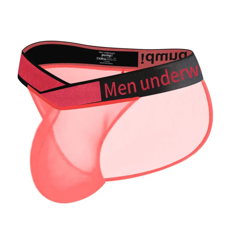Men's transparent ice silk nylon briefs with large V gradient design in black red white colours