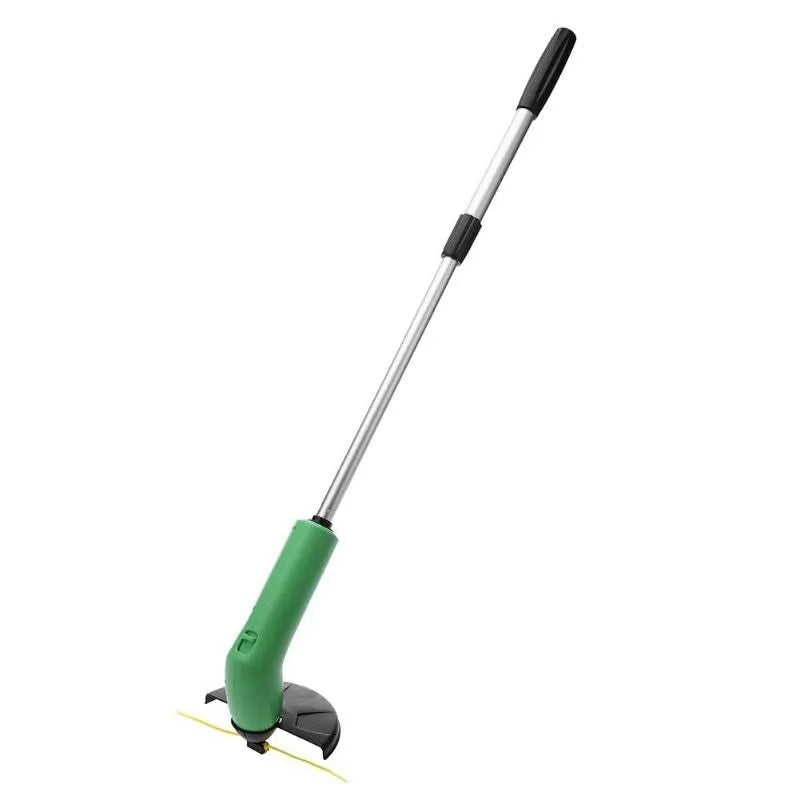 Cordless handheld zip trimmer with extension pole and debris shield on grass