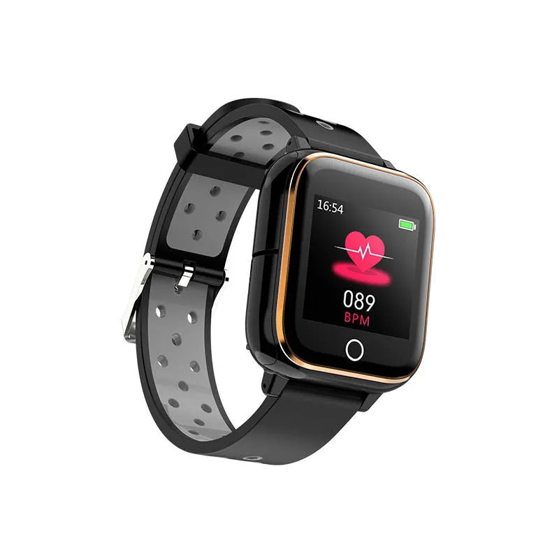 Black smart watch with integrated Bluetooth earbuds showing heart rate monitoring display