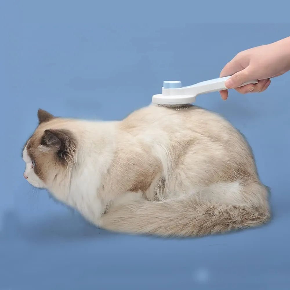 Blue self-cleaning pet grooming brush with round-tipped metal pins and a rubber handle.