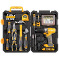 Grey yellow 82-piece furniture repair tool kit in a box with chrome-vanadium steel hardware.