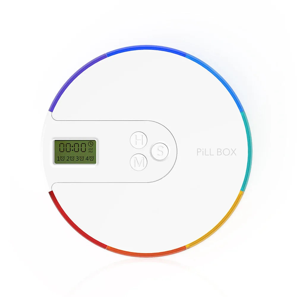 7-compartment alarm clock pill dispenser showing eight colour options with 11cm square dimensions