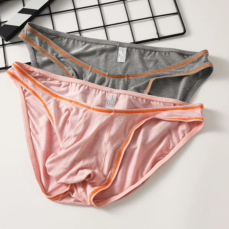 Men's modal knit underwear with butt-lift design in various colours on size chart.