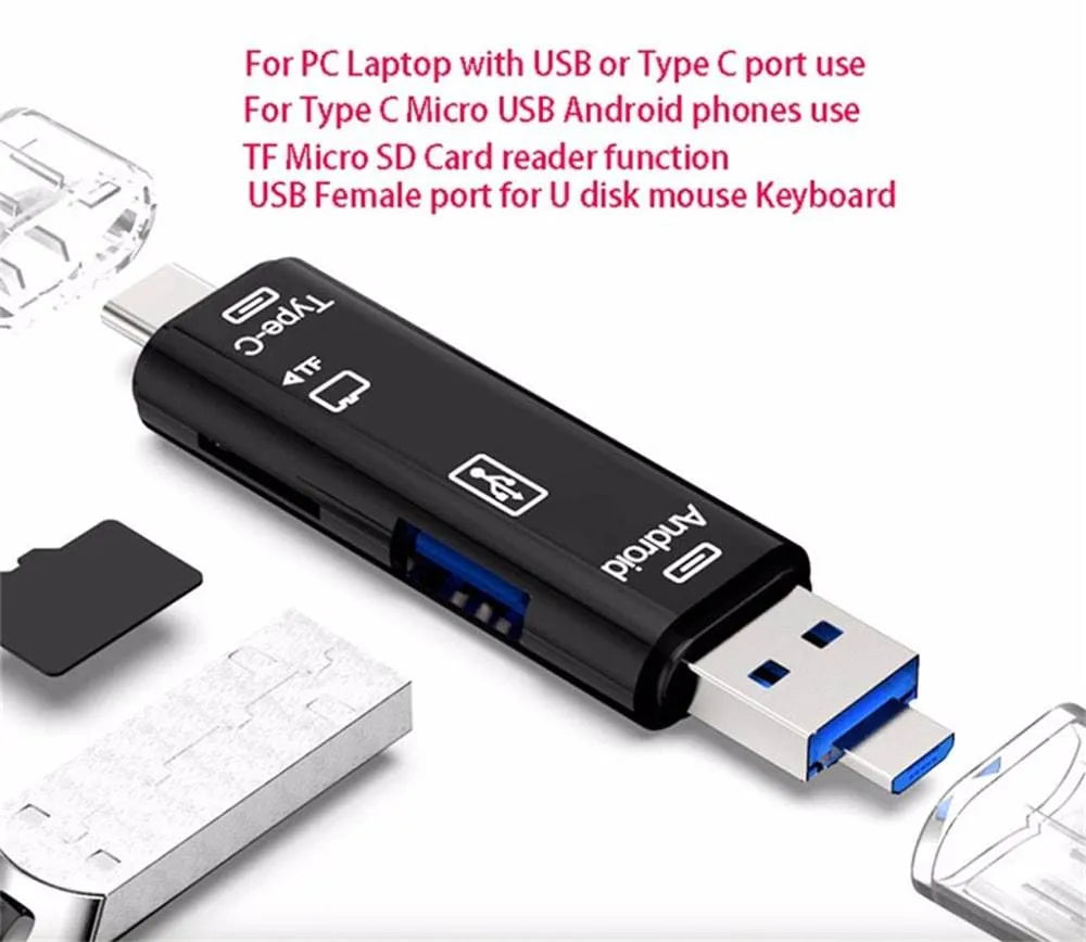 Black and white Type-C to Micro USB OTG hub adapter with TF card reader slot.