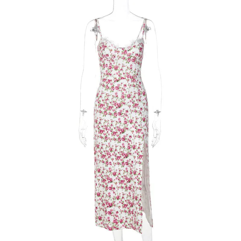 Blue lace flowers print long dress with a thigh slit and thin suspender straps.