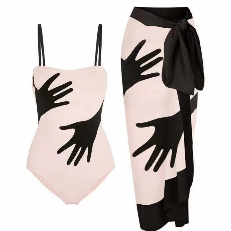 Women's polyester one-piece bikini swimsuit with a gauze skirt, shown in sizes S M L XL.