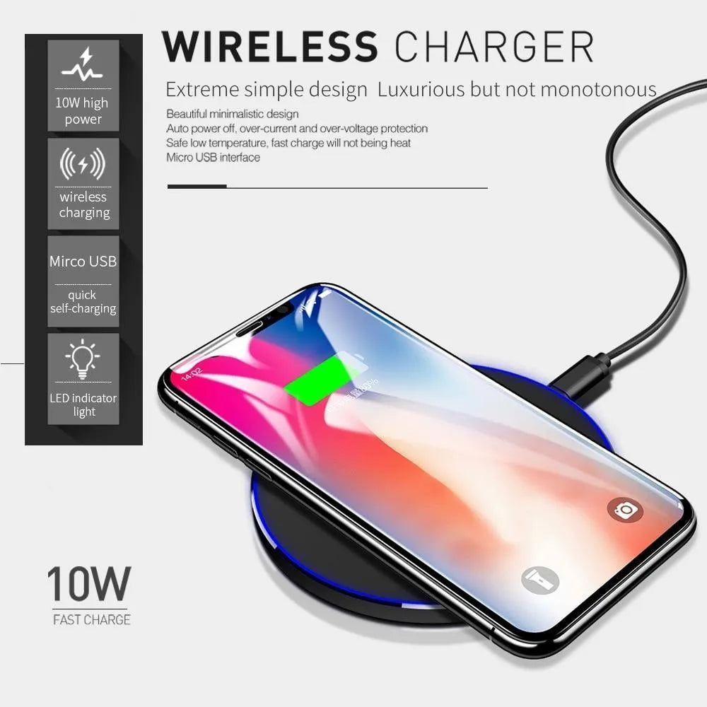 Black square ultra-thin wireless fast charger with USB cable on a desk