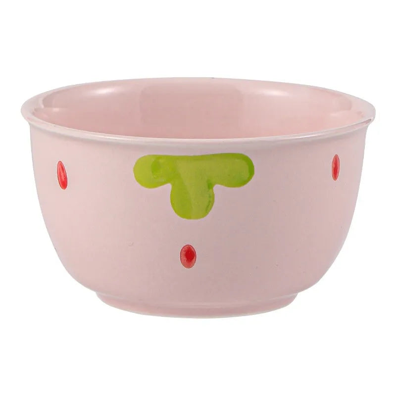 Cute strawberry pattern porcelain dinnerware set with flower bowls, plates, and twist spoon