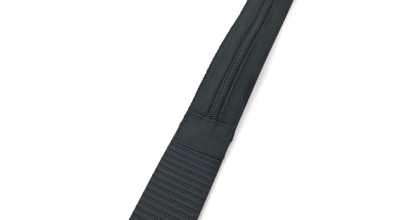 Travel security money belt with plastic buckle, 125cm long and 3.8cm wide, shown flat against a neutral background