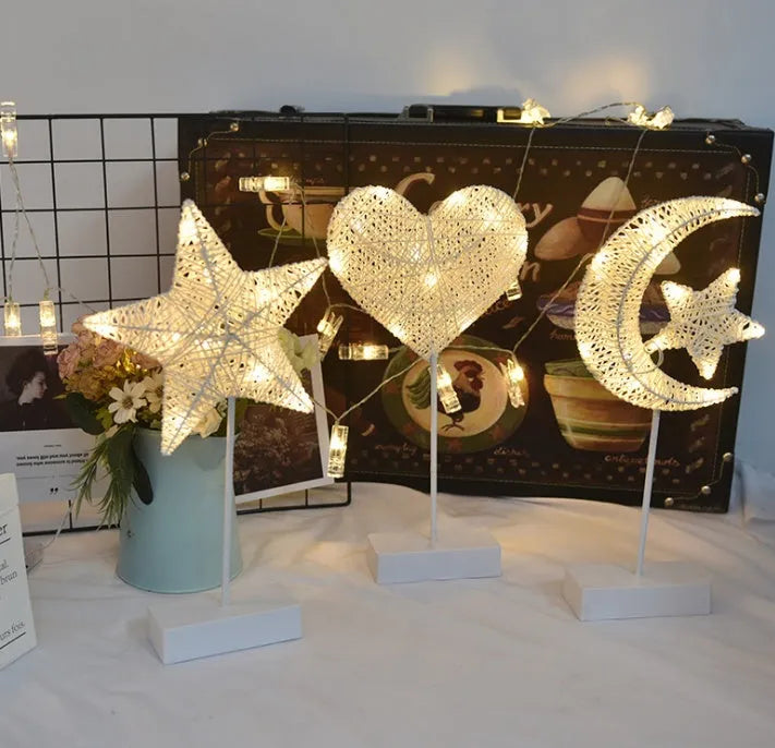 Rattan LED decorative light in star, heart or moon design with copper wire accents