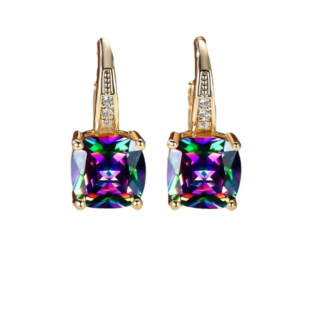 Square geometric ear clip with colourful moissanite inlays and gold electroplated finish