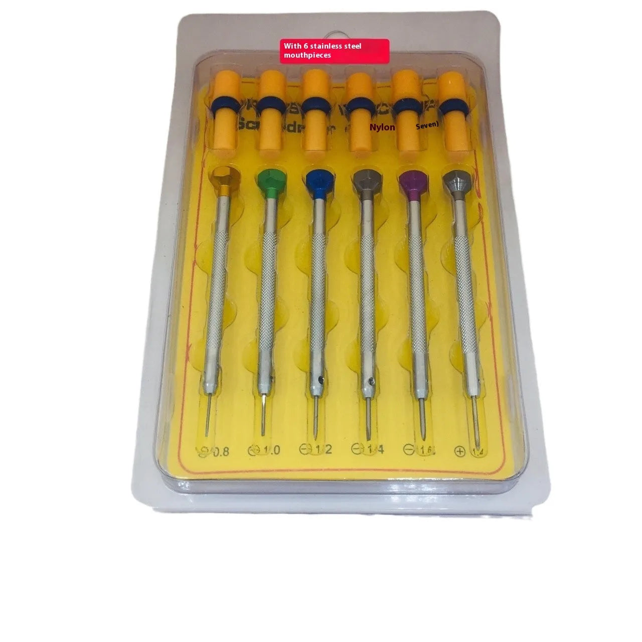 Six colour-coded watch repair screwdrivers with aluminium handles for children's watch maintenance