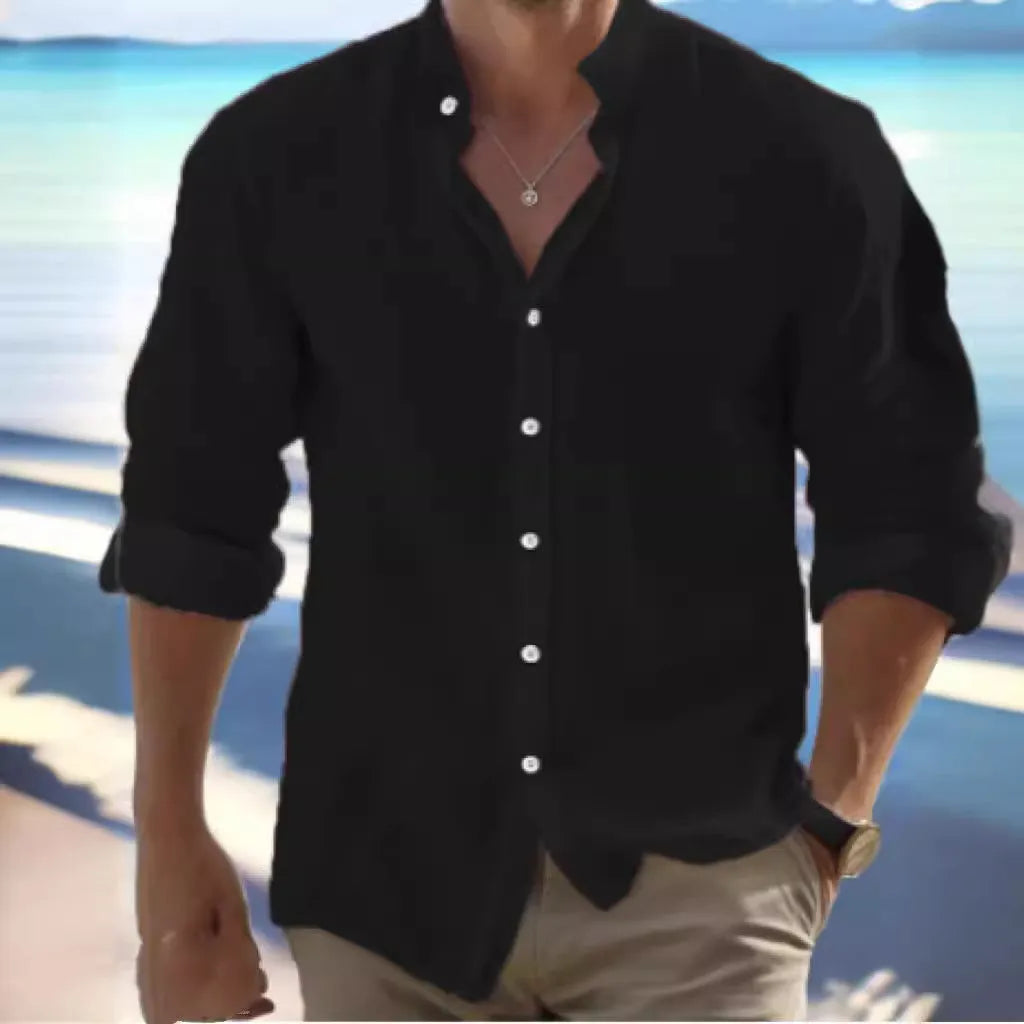 Men's light blue long-staple cotton casual button-down summer shirt on a hanger.