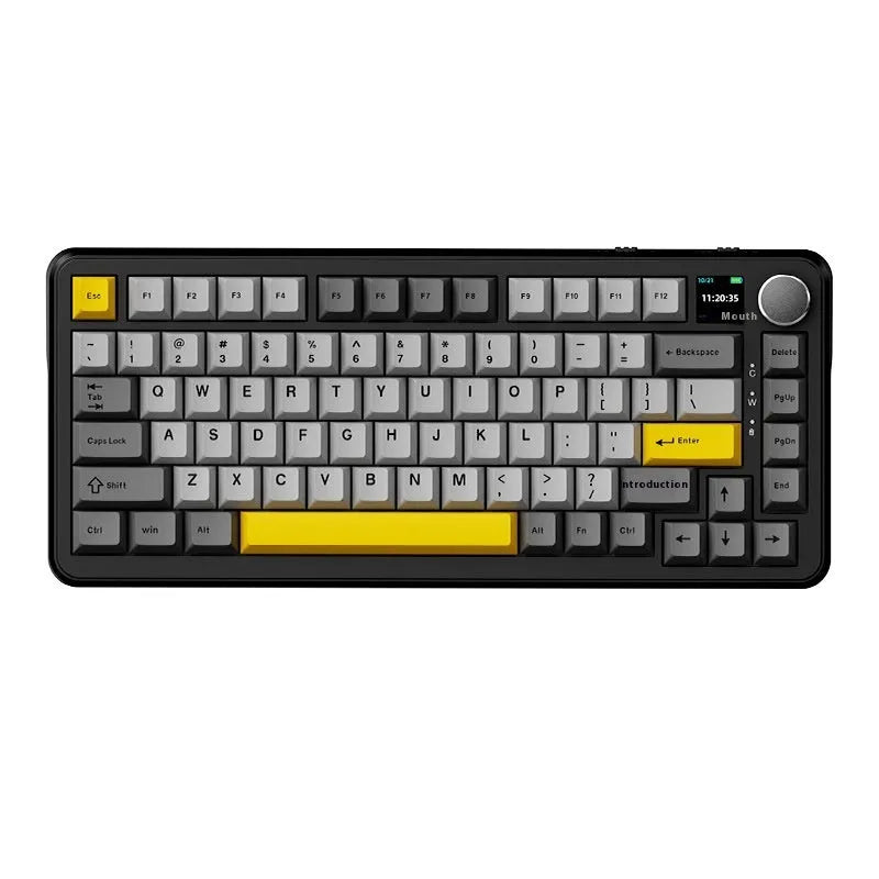 Three-mode wireless mechanical keyboard with PBT keycaps in black, grey and yellow colours