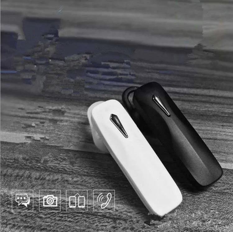 M163 black and white Bluetooth car headset with control buttons for calls and music.
