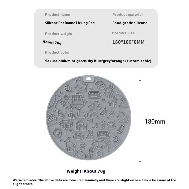 Round silicone pet licking mat with suction cups shown in available colour options
