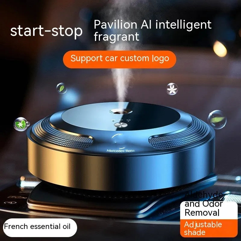 Automatic car air freshener diffuser with zinc alloy shell and three fragrance bottles.