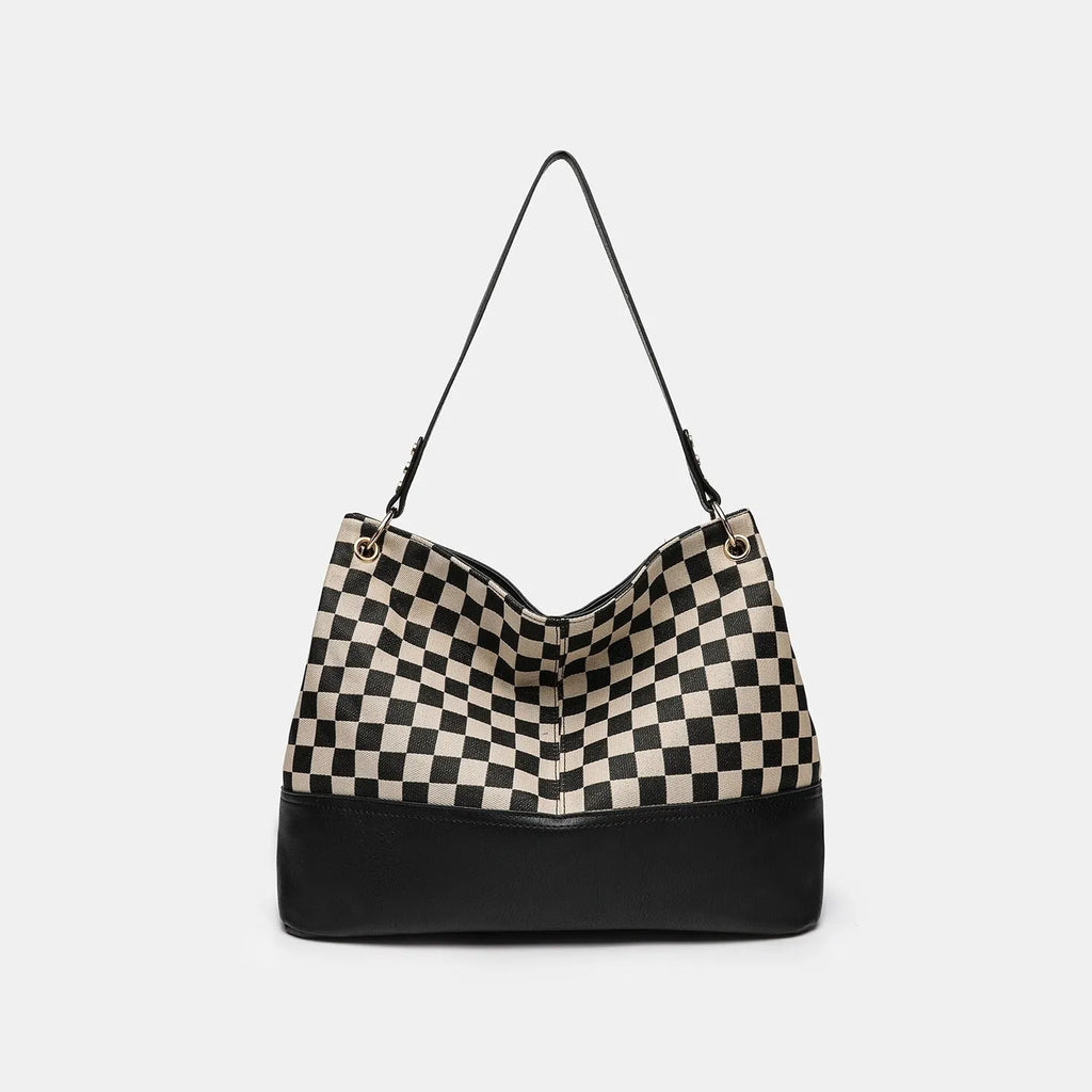 One-shoulder canvas PU stitching crossbody bag with open outer pocket, horizontal square shape, black colour, urban simplicity style