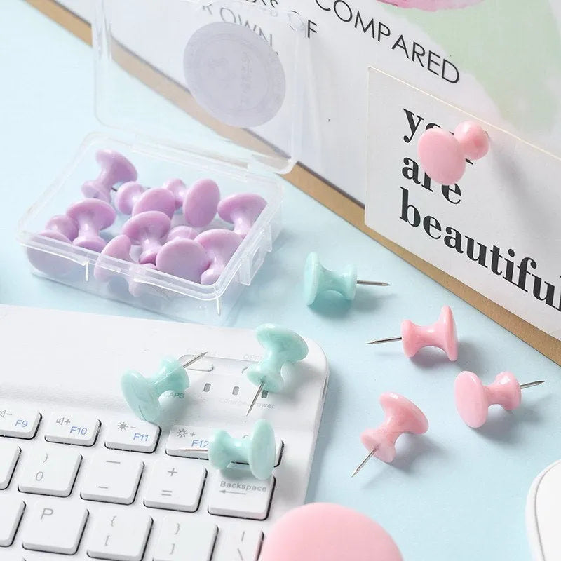 Boxed set of macaron colour plastic push pins in cherry blossom powder, mint green, and lavender, including small and large sizes