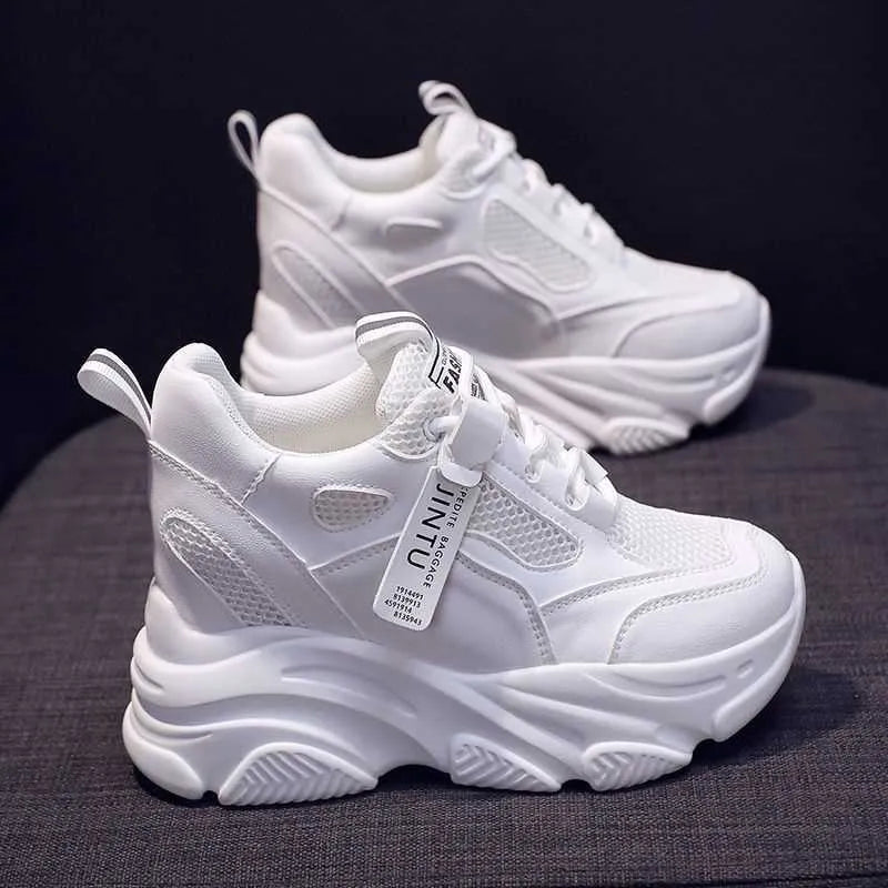 Women's black mesh platform casual shoes with hollow-out design and TPR sole