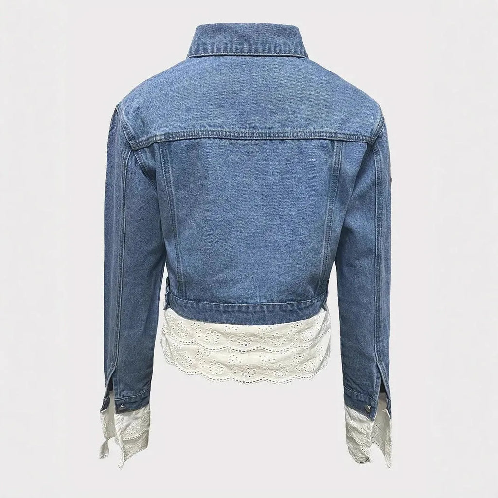 Blue lace stitching fashion denim jacket for women long sleeve cotton coat
