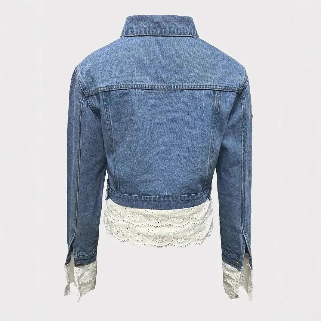 Blue lace stitching fashion denim jacket for women long sleeve cotton coat