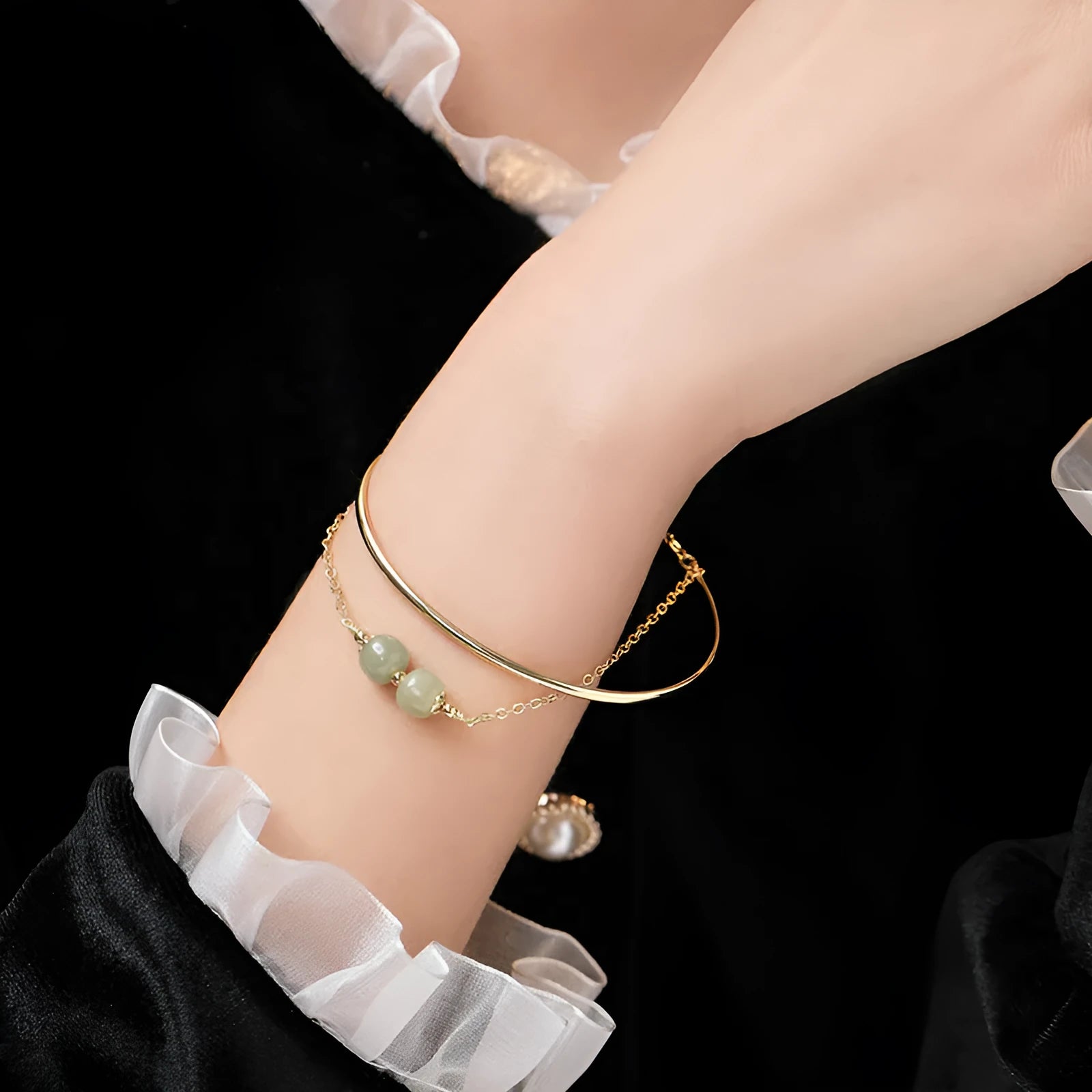 Hetian jade lucky beads bracelet with gold inlay, shown in single, double, and three bead versions.
