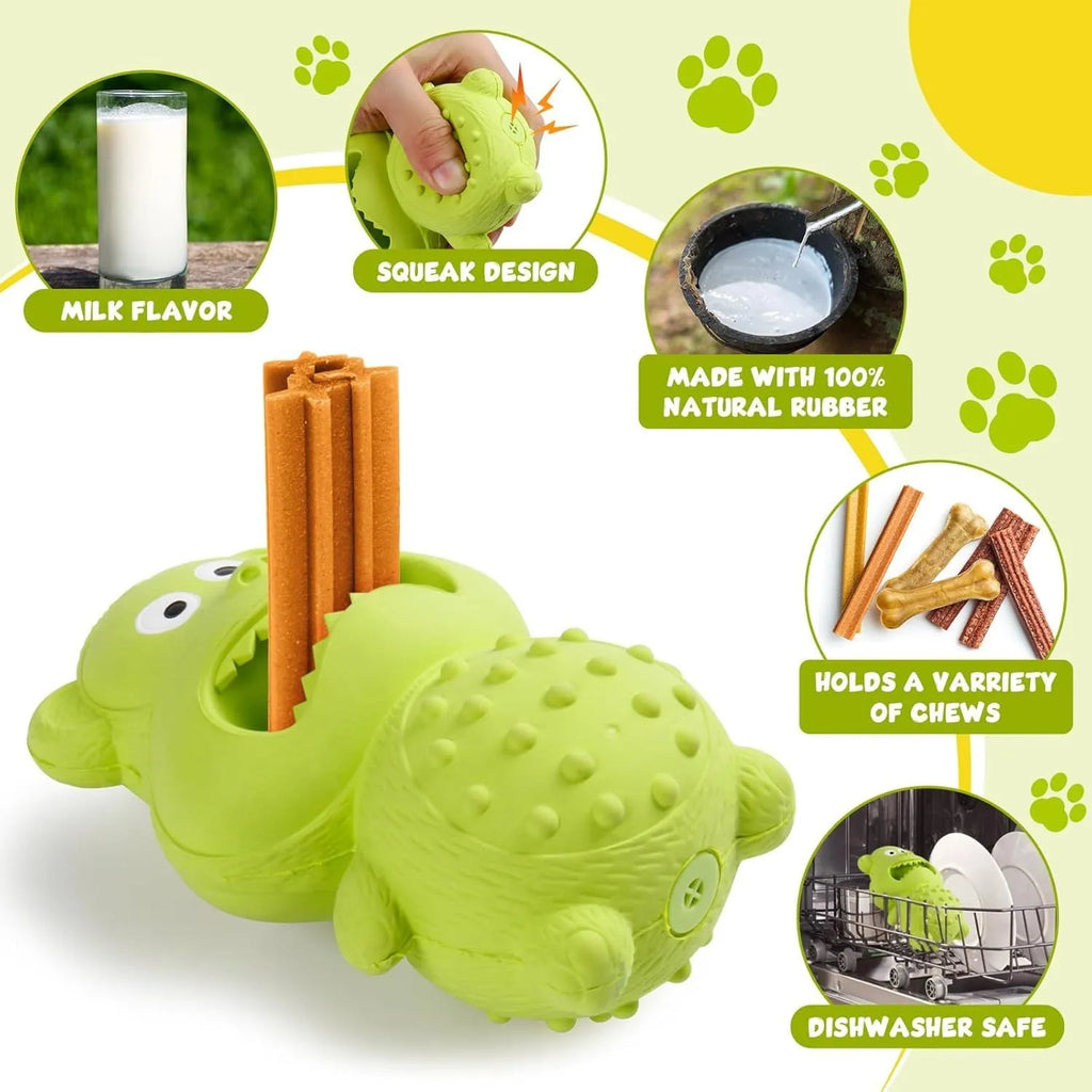 Green and yellow natural rubber dog toy for aggressive chewers with squeaker and fillable centre