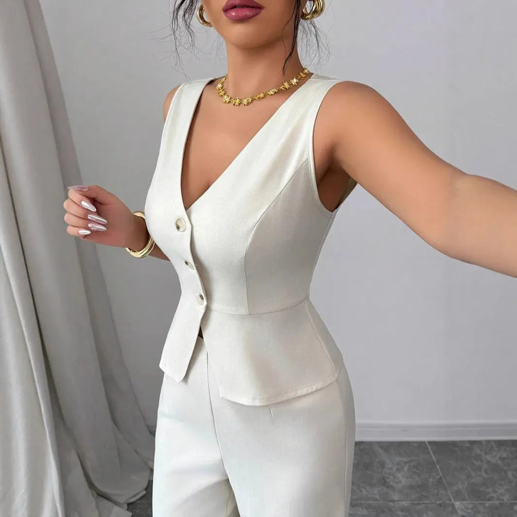 Women's sleeveless vest and high waist trousers two-piece set in solid colour polyester fabric
