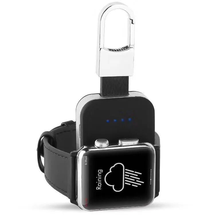 Black Apple Watch portable power bank keychain charger showing compact 127mm design