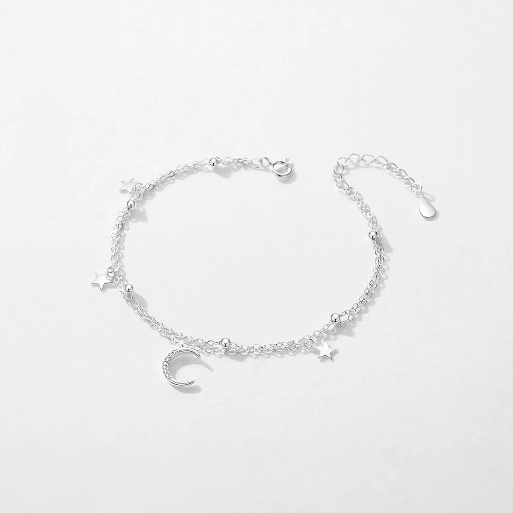 S925 sterling silver star moon double layer twin bracelet on white background