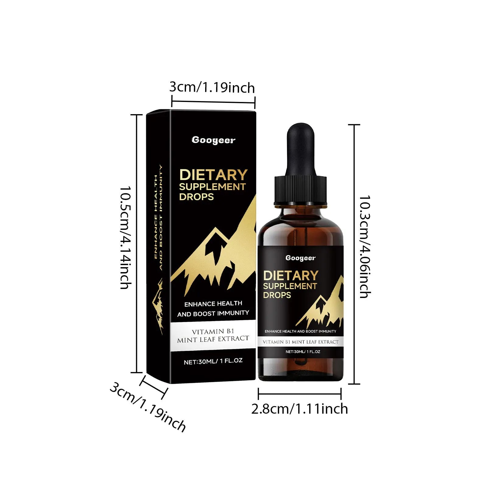 Bottle of liquid dietary supplement drops with dropper against plain background