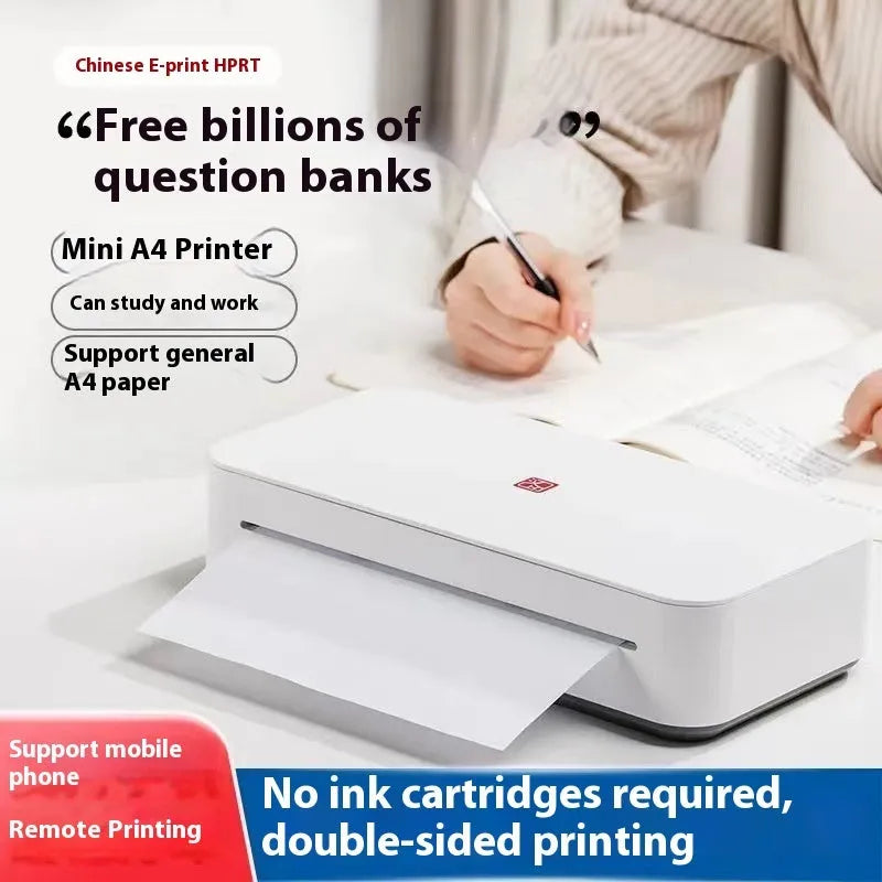Small white plastic intelligent remote learning printer with a ribbon cartridge on a home desk.