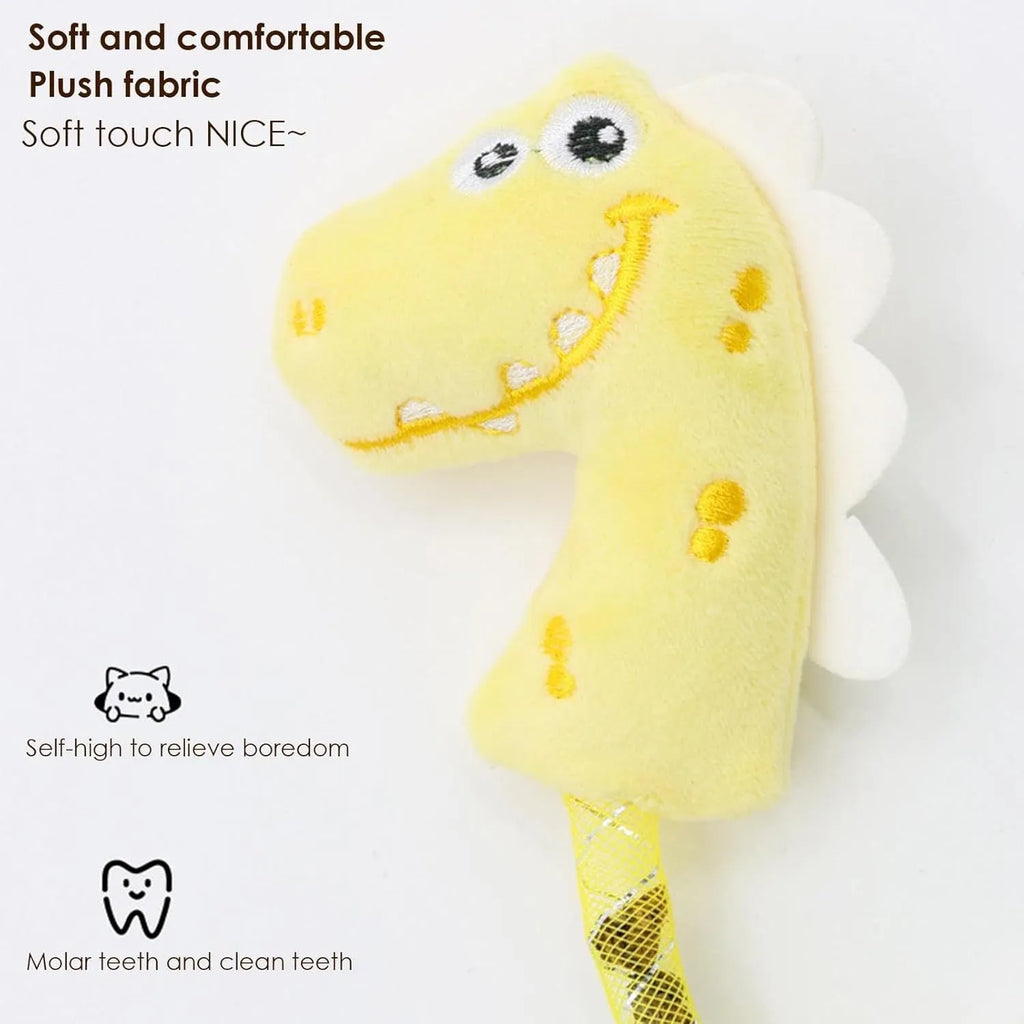 Set of four plush cat toys including a fish, mouse, bunny, and chew toy in assorted colours.