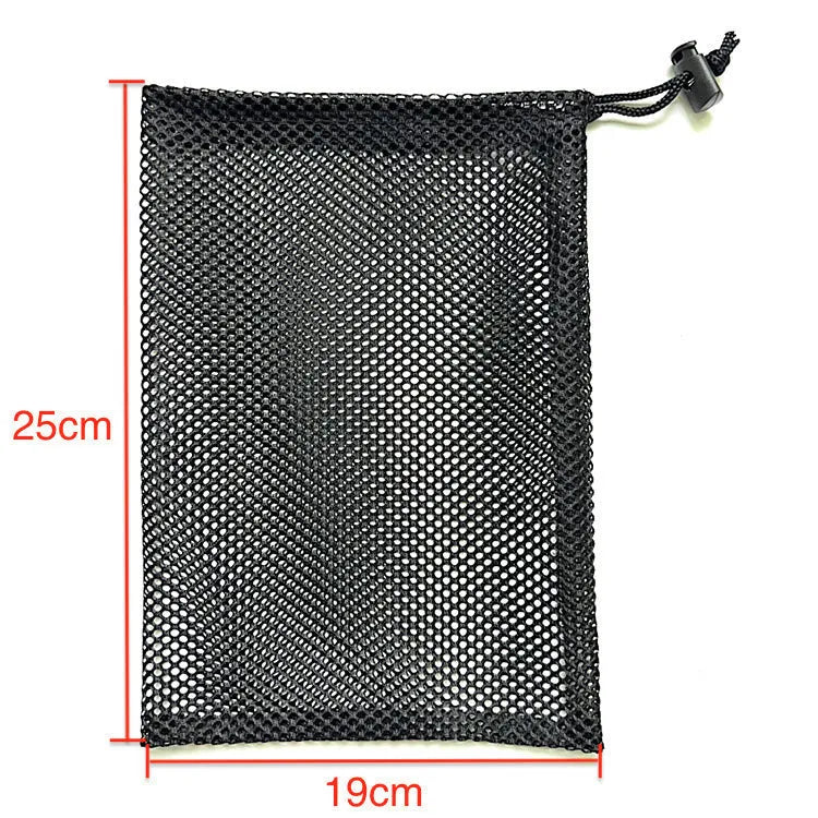 Black mesh drawstring storage bag for water ball toys with three size options shown